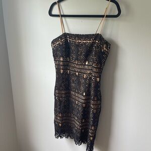 Lulu's Black and Gold Spaghetti Strap Cocktail Dress